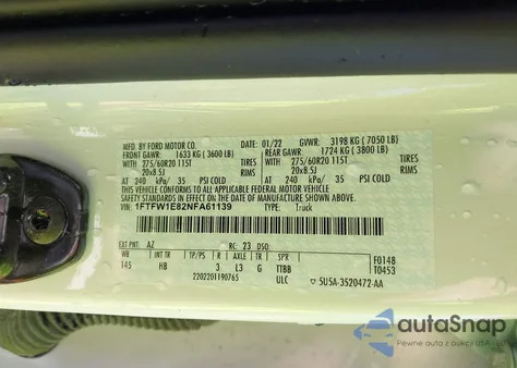 2022 Ford F-150 Lariat из США, поврежденный, VIN 1FTFW1E82NFA61139